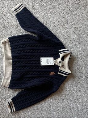 Zara Navy Cable Knit Sweater with Cream Trim